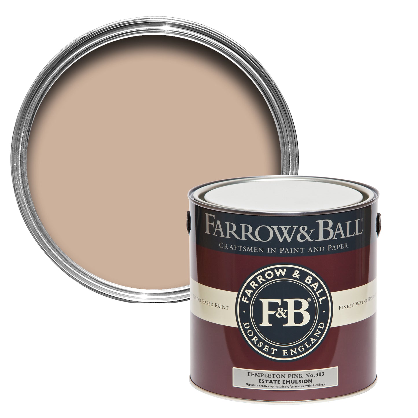 Offene Farbdose von oben von Templeton Pink, einem überraschend tiefen Roseton, der warme und einladende Räume kreiert mit einer geschlossenen 2,5l Dose Estate Emulsion davor.