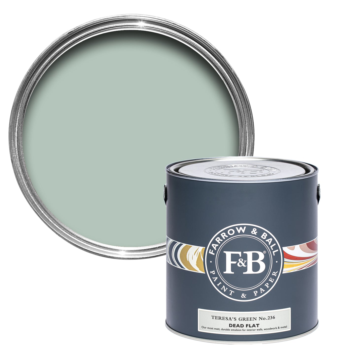 Offene Dead Flat Farbdose von Teresa's Green, einem gesättigtem, aber zarten Blaugrün.