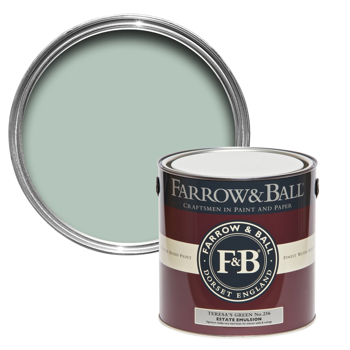 Offene Farbdose von oben von Teresa's Green, einem gesättigtem, aber zarten Blaugrün mit einer geschlossenen 2,5l Dose Estate Emulsion davor.