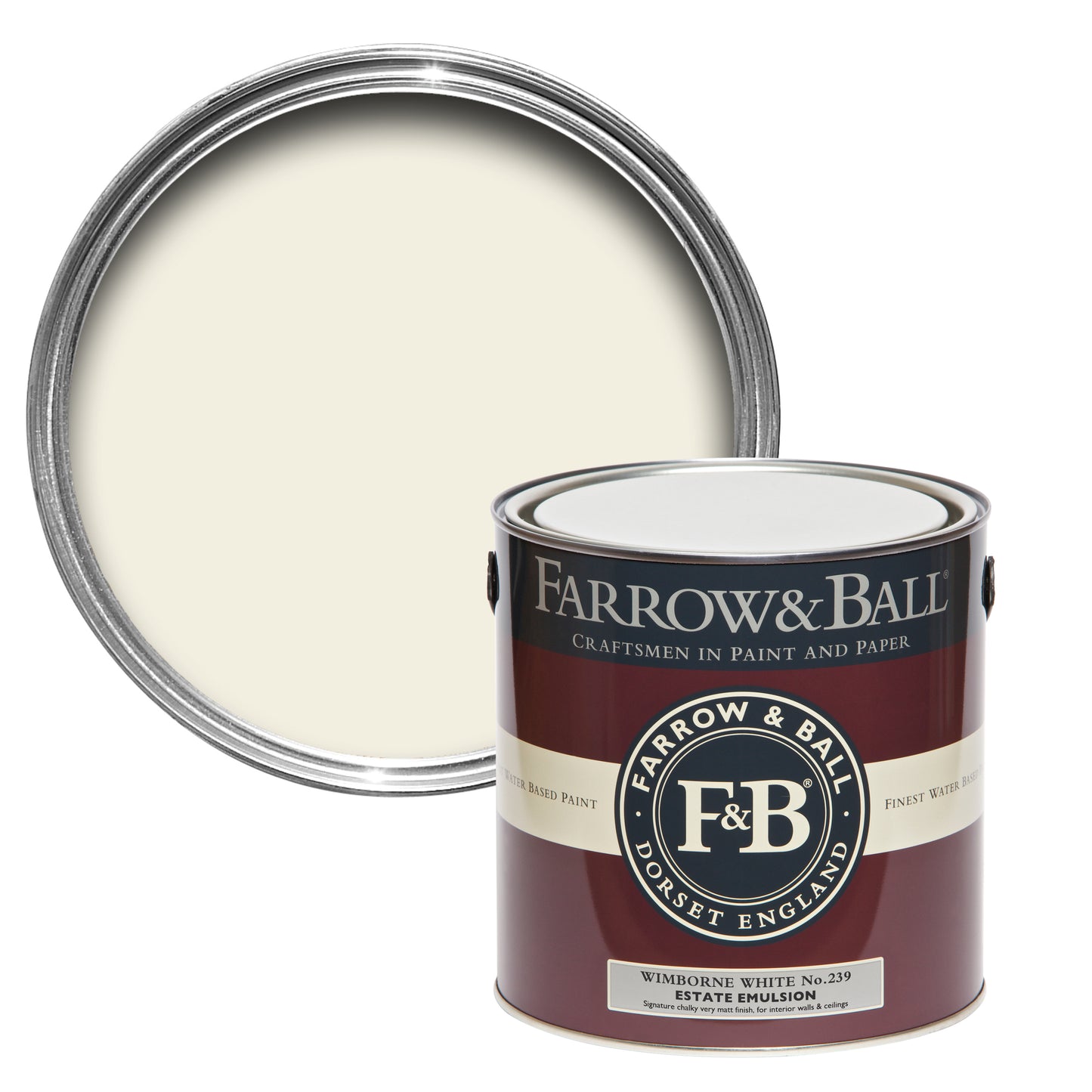 Offene Farbdose von oben von Wimborne White, einem zuverlässigen Weiß, das jedem Raum schmeichelt mit einer geschlossenen 2,5l Dose Estate Emulsion davor.