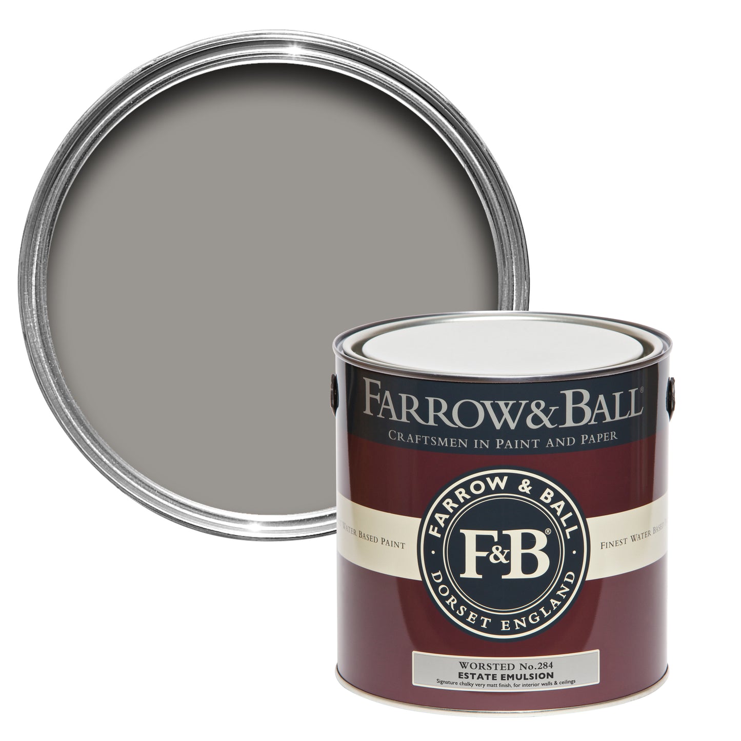 Offene Farbdose von oben von Worsted, einem dunklen Grau, das an City-Anzüge erinnert mit einer geschlossenen 2,5l Dose Estate Emulsion davor.