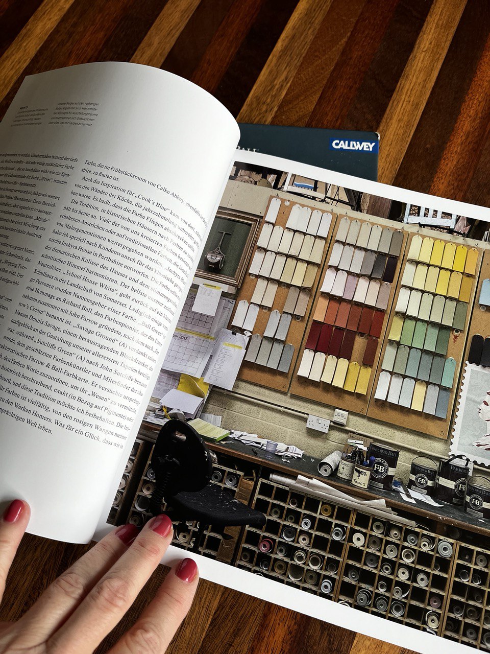 Eine Seite des Buches "Glücklich wohnen mit Farbe" mit Farbmustern an der Wand in der Farbwerkstatt von Farrow and Ball
