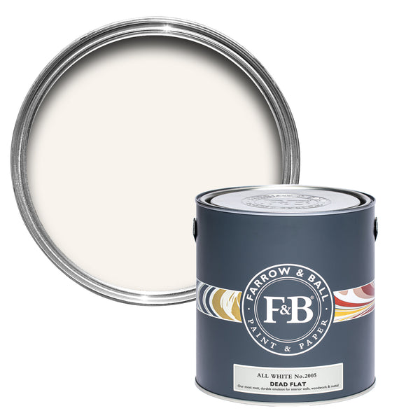 Offene Dead Flat Farbdose von All White, dem reinsten und frischesten Weißton von Farrow & Ball 