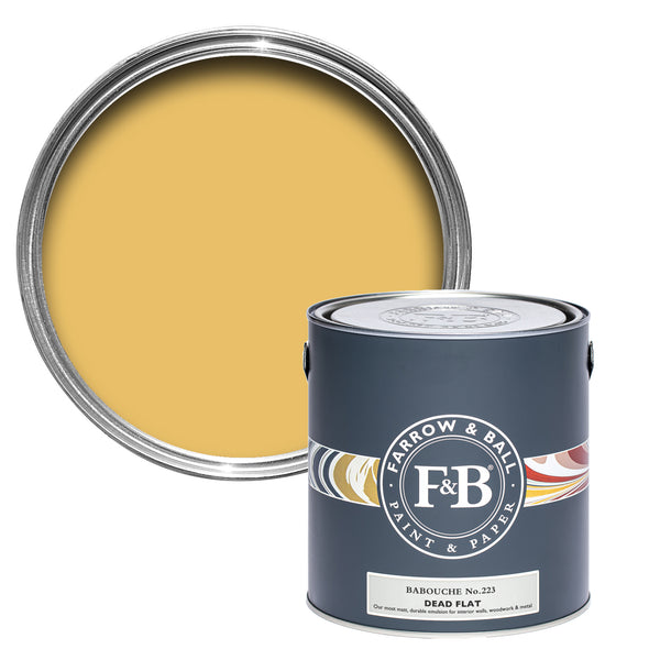 Offene Dead Flat Farbdose von Babouche, einem intensiven Gelb, dass in der richtigen Kombination edel und herrschaftlich wirkt.