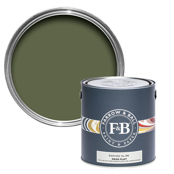 Offene Dead Flat Farbdose von Bancha, einem Olivgrün, das nach den gleichfarbigen japanischen Teeblättern benannt ist. 
