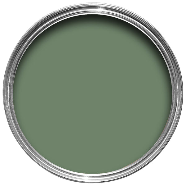 Offene Farbdose von oben von Calke Green, dem üppigen und dunkeln Grün.
