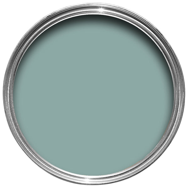 Offene Farbdose von oben von Dix Blue, einem Vintage-Blau mit grünem Unterton.
