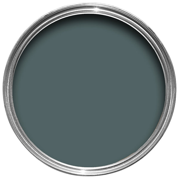Offene Farbdose von oben von Inchyra Blue, einem dunklen Blau mit leichtem Hang zu Grün, das an den dramatischen Schottischen Himmel erinnert. 
