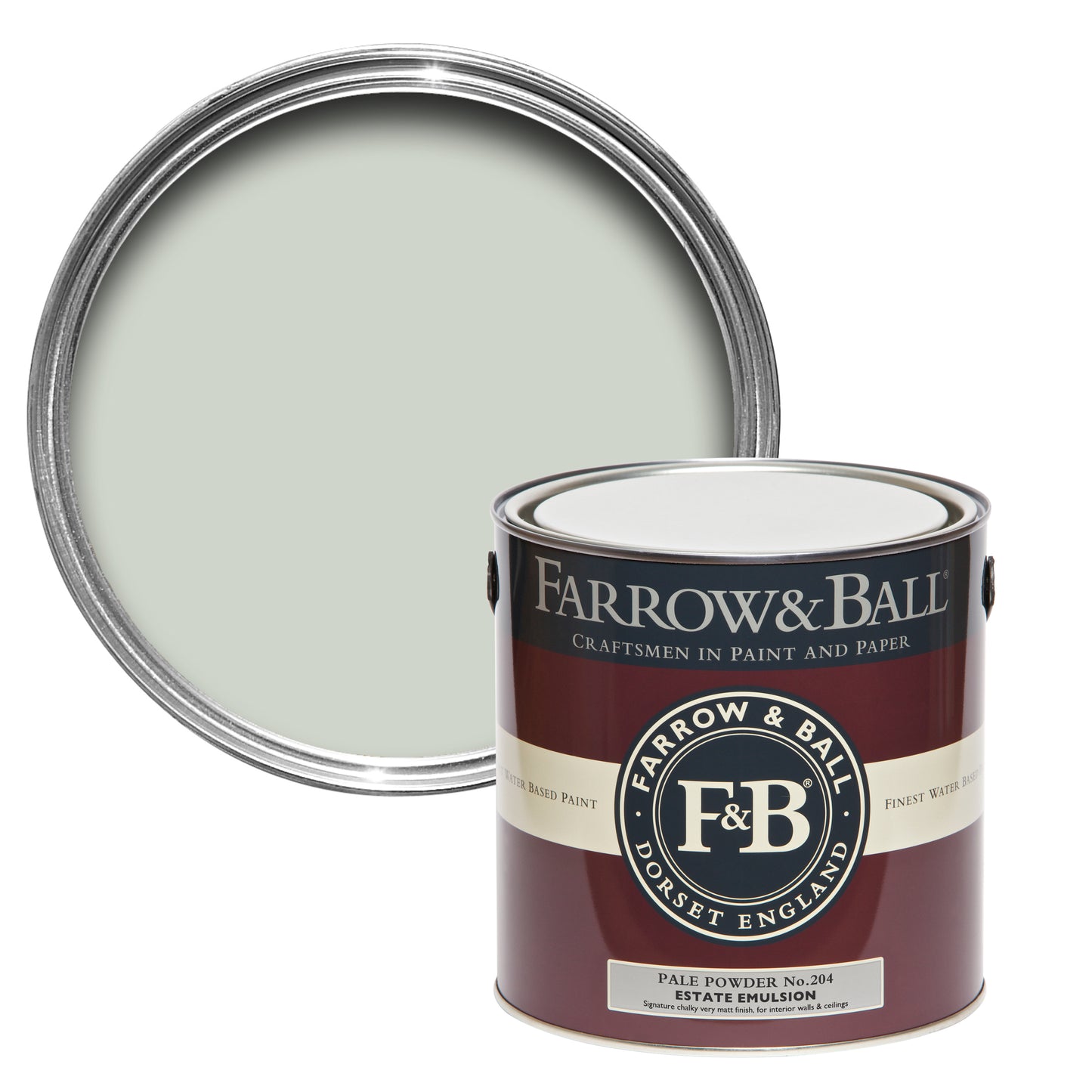 Offene Farbdose von oben von Pale Powder, einem wässrigen Aquamarin mit einer geschlossenen 2,5l Dose Estate Emulsion davor. 
