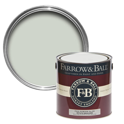 Offene Farbdose von oben von Pale Powder, einem wässrigen Aquamarin mit einer geschlossenen 2,5l Dose Estate Emulsion davor. 

