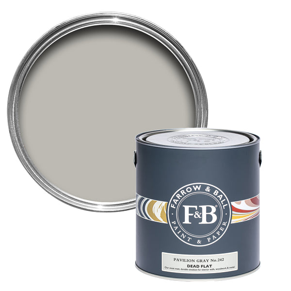 Offene Dead Flat Farbdose von Pavilion Gray, einem klassichen Mittelgrau oder auch Schwedengrau