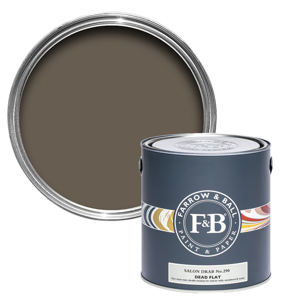 Offene Dead Flat Farbdose von Salon Drab, einem warmen und dunklen Graubraun. 