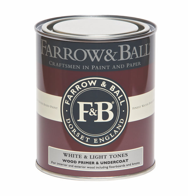Eine 750ml Farrow and Ball Farbdose  als Beispiel für den Wood Primer and Undercoat im Farbton White and Light